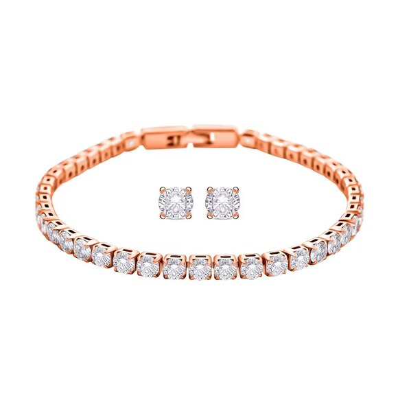NEW Simulated Diamond Tennis Bracelet and Stud Earrings in Rosetone - Picture 1 of 4